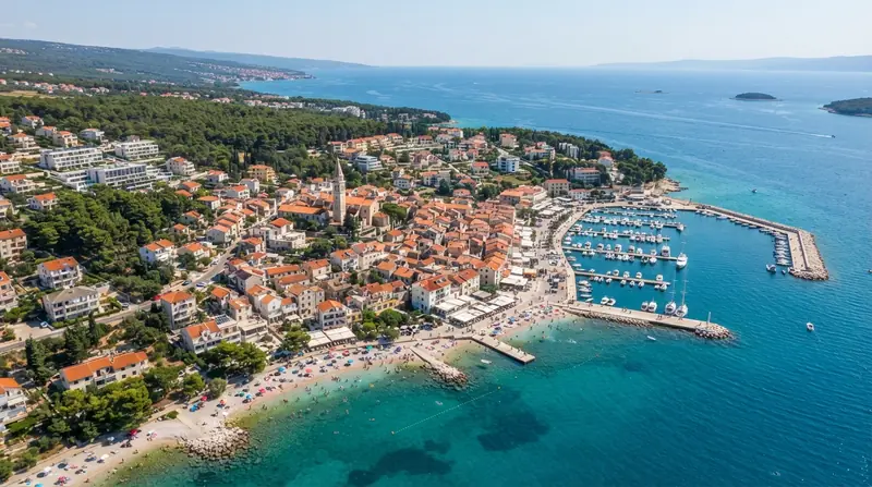 Pogled iz vazduha na Njivice, Kvarner, Hrvatska — odredište kombi prevoza iz Srbije