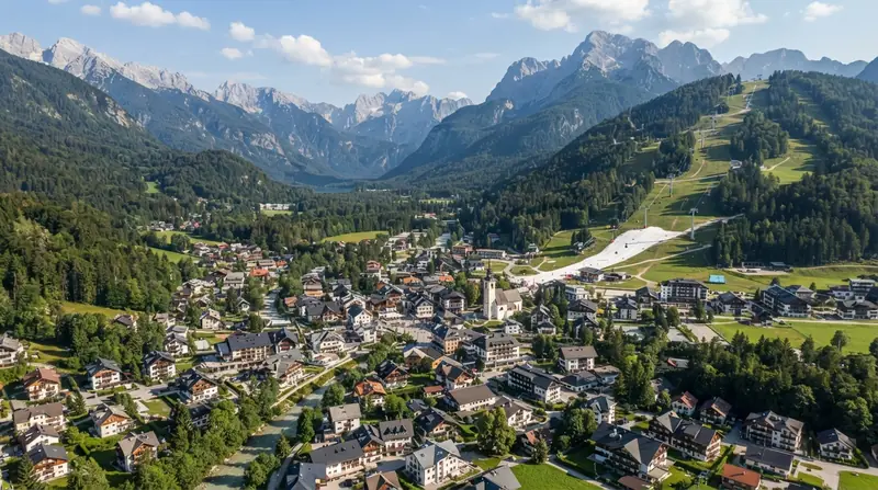 Pogled iz vazduha na Kranjsku Goru, Slovenačke Alpe, Slovenija — odredište kombi prevoza iz Srbije