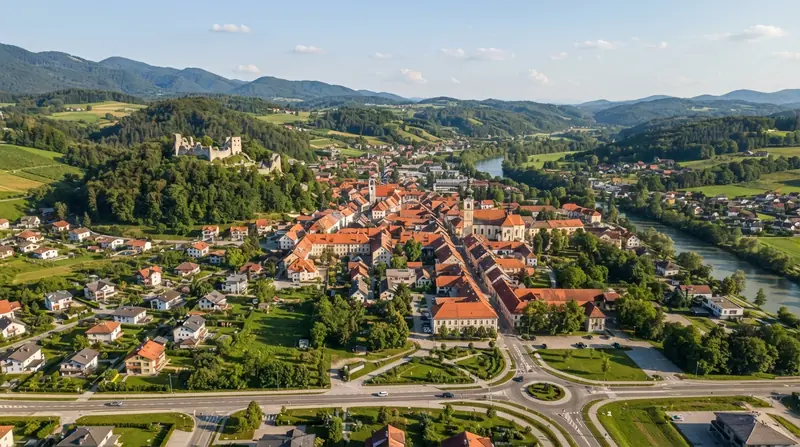 Pogled iz vazduha na Slovenske Konjice, Štajerska, Slovenija — odredište kombi prevoza iz Srbije
